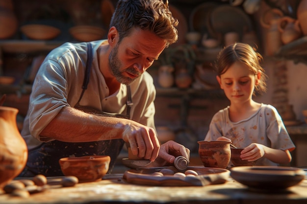 Photo le père et les enfants font de la poterie.