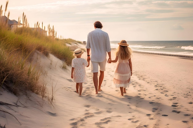 Père et enfants marchant sur la plage près de la mer vacances Generative AI