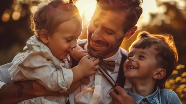 Photo un père et des enfants avec un nœud papillon et un garçon avec un nâud papillon