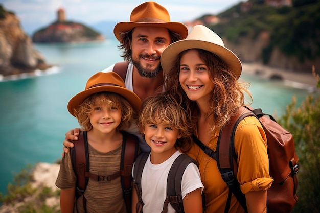 Père avec enfants à la plage pendant les vacances ai générative