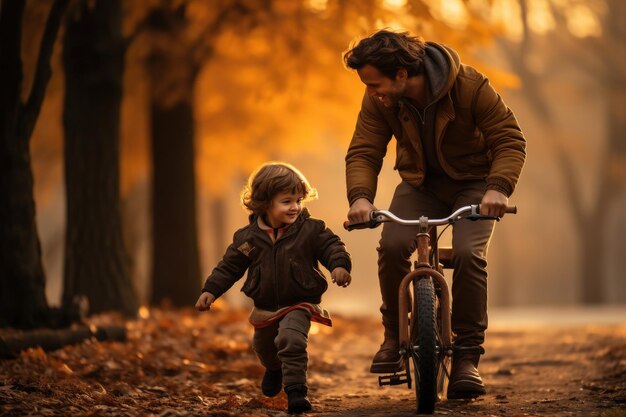 Père enseigne à mon fils à faire du vélo