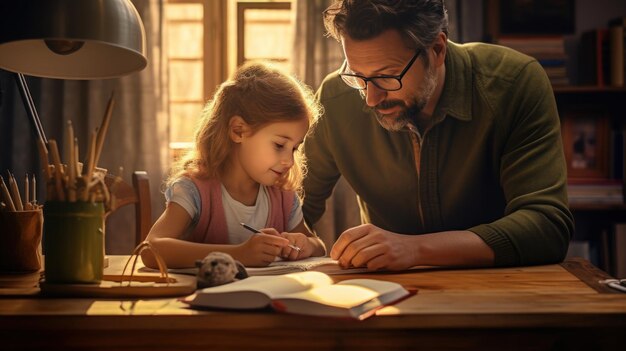 Photo un père enseigne à sa fille ses devoirs.