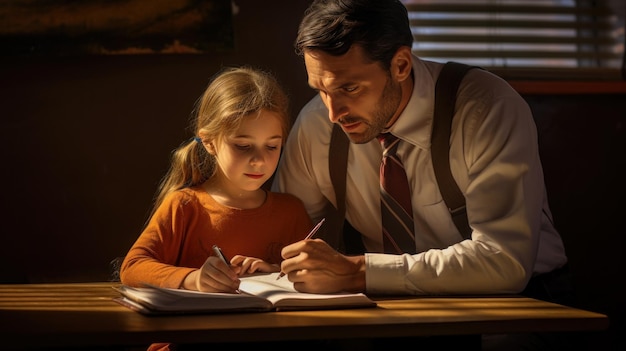 Photo un père enseigne à sa fille ses devoirs.