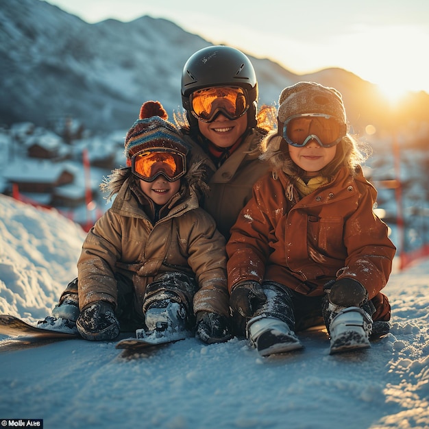 Photo un père enseigne à ses enfants à skier dans les montagnes enneigées