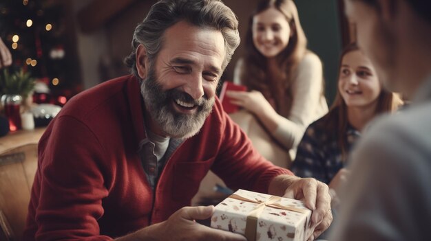 Le père est ravi de recevoir des cadeaux familiaux sincères des souvenirs chers générés par l'IA