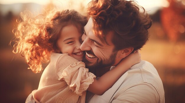 Un père étreignant sa petite fille pour la fête des pères Un mignon couple de parents et d'enfants Portrait