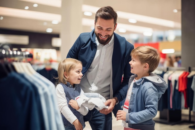 Un père fait ses courses avec ses enfants dans un magasin de vêtements