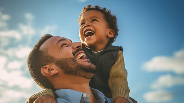 Photo père de famille heureux et aimant et son fils enfant jouant et s'embrassant à l'extérieur