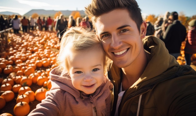 Père de famille heureux avec sa fille dans un champ de citrouilles se faisant un selfie Une petite fille souriante choisit une citrouille avec son père au marché de la ferme pour Halloween ou Thanksgiving Day
