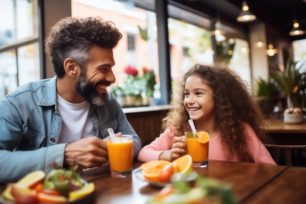 père et fille de 67 ans dans la cuisine prenant le petit déjeuner avec de la nourriture végétarienne