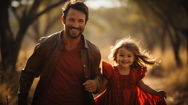 Père et fille en cape rouge dans la forêt d'automne Concept familial génératif ai
