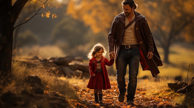 Père et fille en cape rouge dans la forêt d'automne Concept familial génératif ai