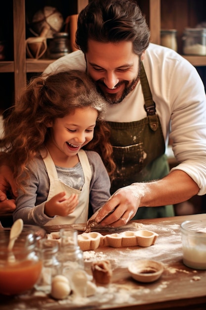 Le père et la fille font des biscuits.