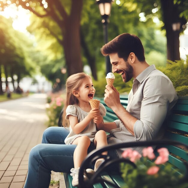 père et fille mangeant de la crème glacée dans le parc