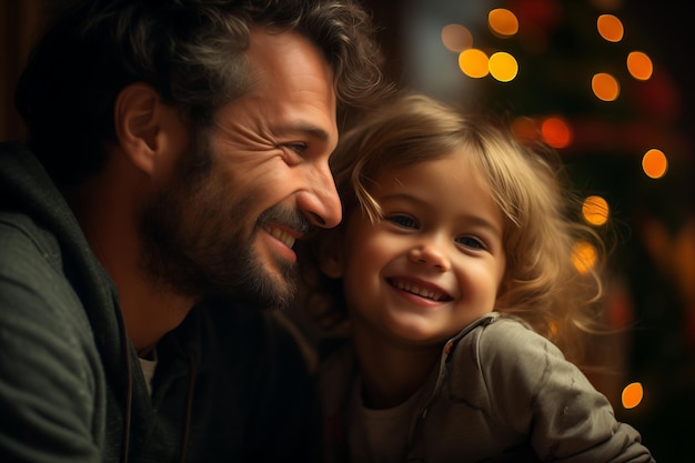 Photo père et fille passent noël heureux ils sourient et décorent la maison