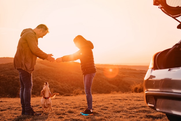 Père et fille payant avec un chien au camping sur la colline