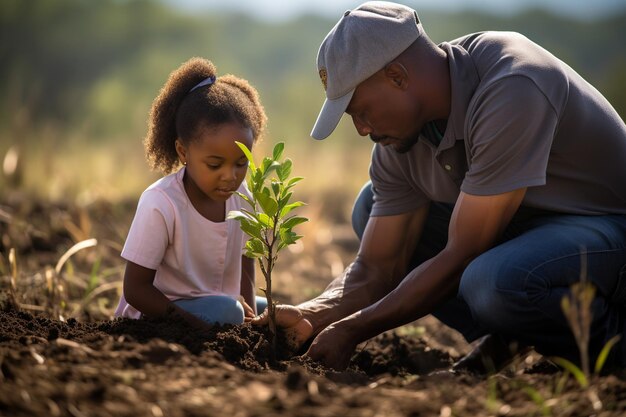 Le père et la fille plantent un arbre.