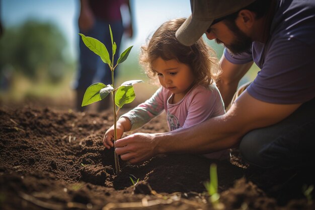 Le père et la fille plantent un arbre.