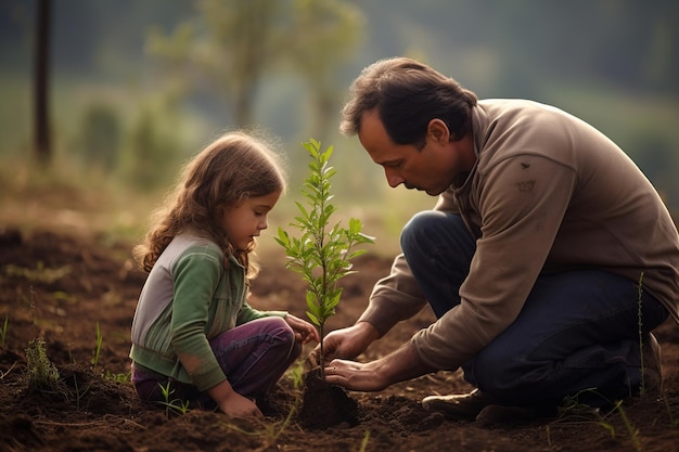 Le père et la fille plantent un arbre.