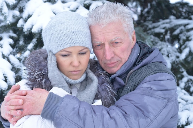 Père avec fille posant à l'extérieur en hiver