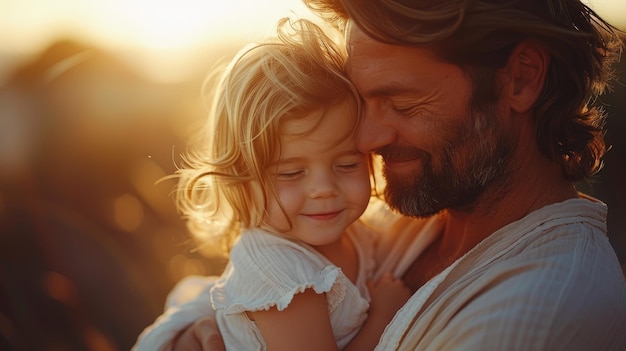 Père et fille s'embrassent au coucher du soleil L'amour personnifié