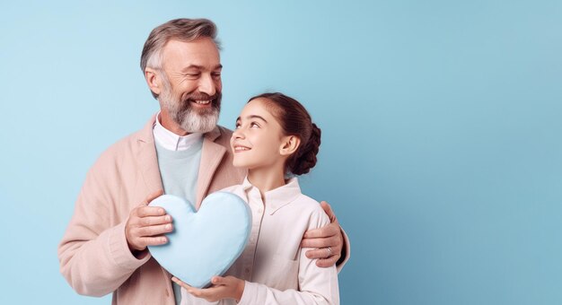 Père et fille souriants tenant un coeur devant un fond bleu avec espace de copie Modèle de fond de bannière Father39s Day généré par l'IA