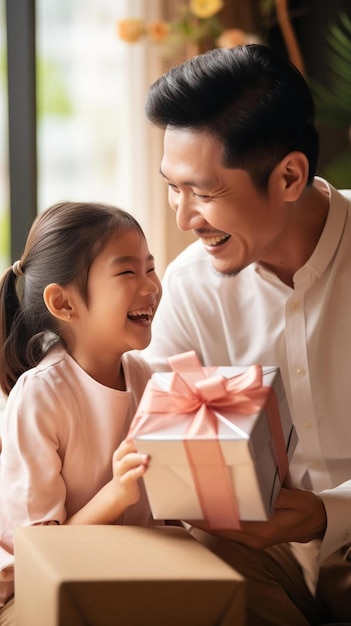 un père et une fille tenant un cadeau avec un nœud rose