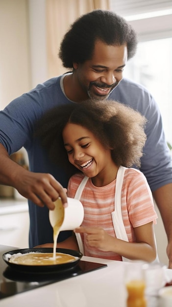 Photo père et fille versant du sirop d'érable sur des crêpes dans la cuisine