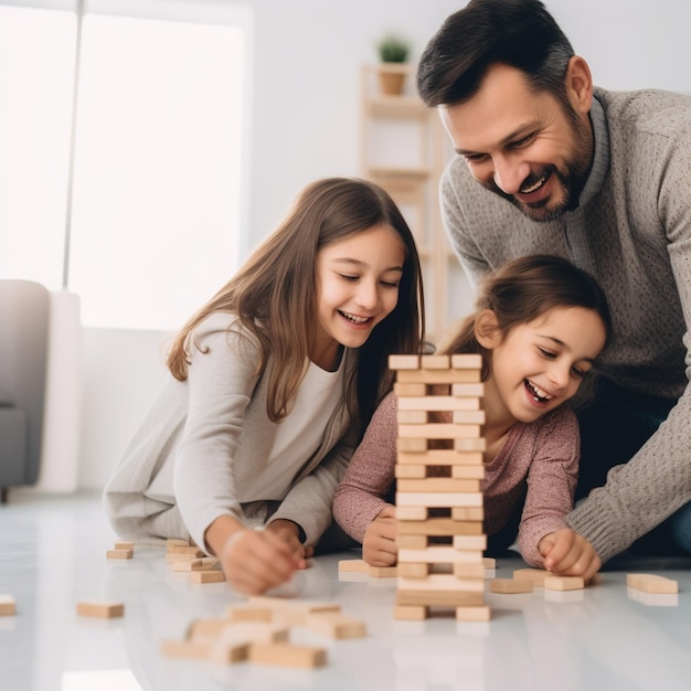 Père et filles jouant au Jenga