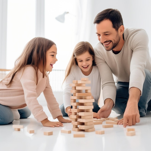 Père et filles jouant avec des blocs de bois