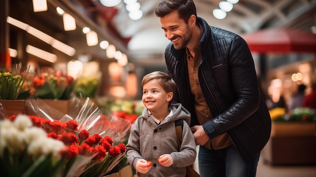 père et fils achetant des fleurs pour la mère