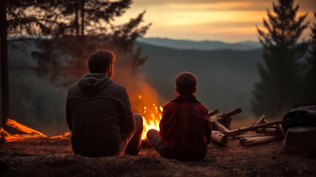 Père avec fils au chaud près d'un feu de camp Camping dans les montagnes Vue de l'arrière