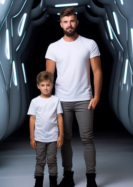 père et fils blancs portant des t-shirts blancs assortis