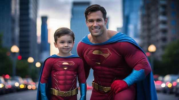 Photo père et fils dans les costumes rouges et bleus de super-héros