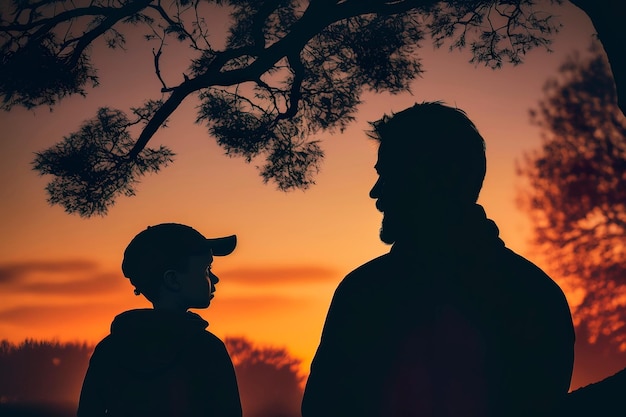 Père et fils dans le parc au coucher du soleil sur fond d'arbre AI générative