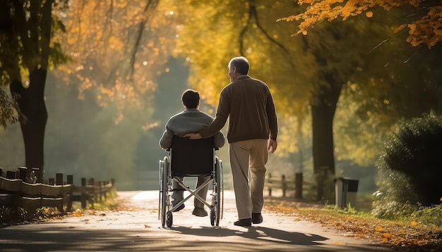 Père avec fils en fauteuil roulant marchant dans le parc en automne