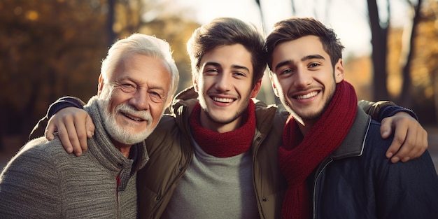 Père fils et grand-père souriant sur un arrière-plan flou dans le parc