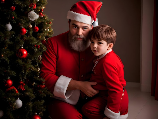 Le père et le fils habillés de Papa Noel sont assis près de l'arbre de Noël.