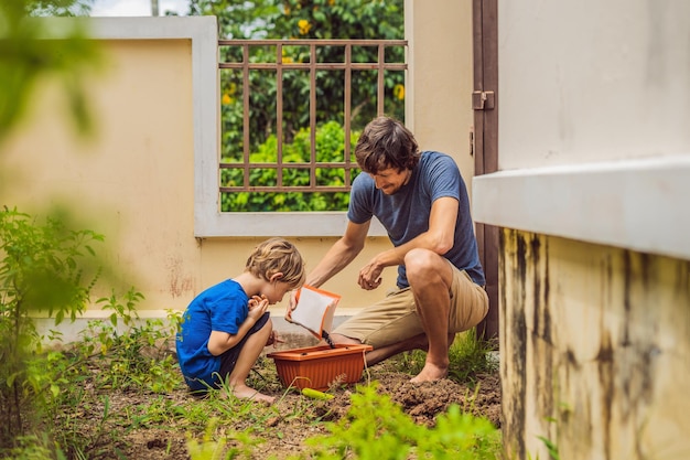 Père et fils jardinant dans le jardin près de la maison