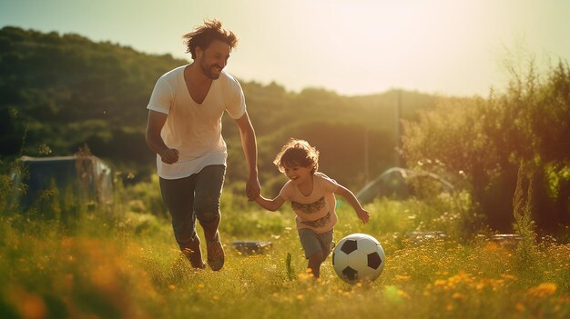 père et fils jouant avec le ballon au football sous le soleil