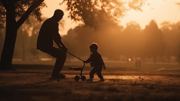 Père et fils jouant dans le parc au coucher du soleil