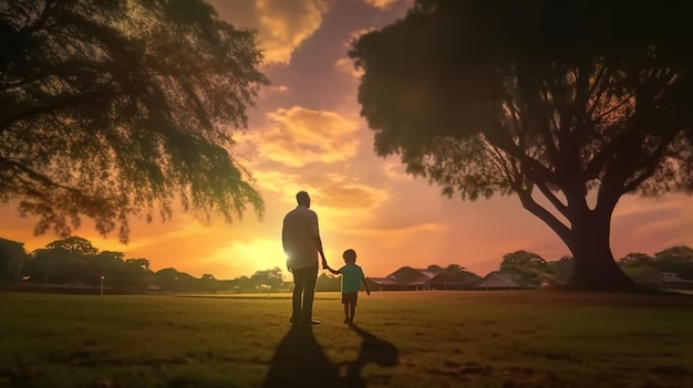 Père et fils jouant dans le parc au coucher du soleil