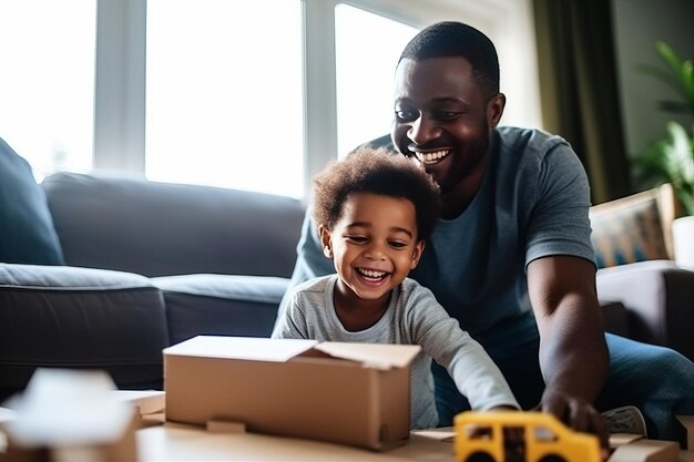 Père fils et jouant à la maison avec une fausse voiture dans une boîte le jour du déménagement dans une nouvelle propriété