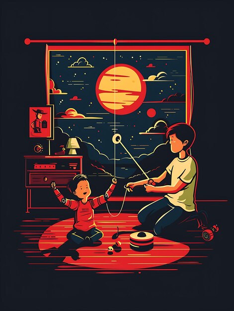 Père et fils jouant avec un yo-yo dans une pièce avec un jouet Sto Poster Banner Postcard T-shirt Design