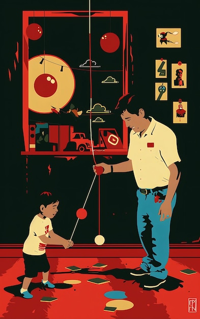 Photo père et fils jouant avec un yo-yo dans une pièce avec un jouet sto poster banner postcard t-shirt design