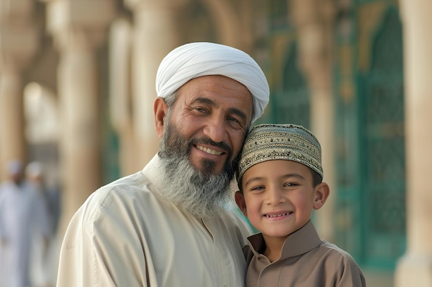 Père et fils musulmans souriant à la caméra devant la mosquée