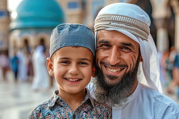 Père et fils musulmans souriant à la caméra devant la mosquée