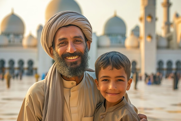 Père et fils musulmans souriant à la caméra devant la mosquée