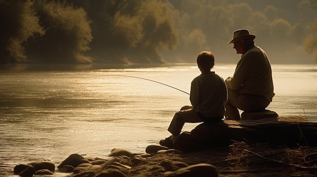 Père et fils pêchant sur un lac grand-père grand-père poisson de montagne rivière liaison Généré par AI