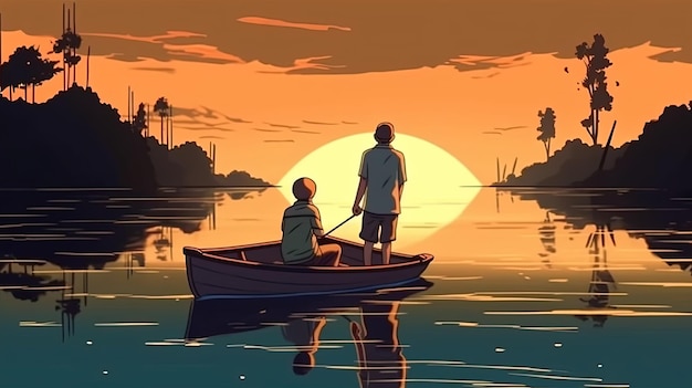 Père et fils pêchant sur un lac tranquille Concept de fantaisie Peinture d'illustration
